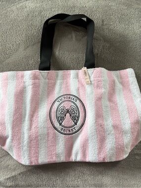 Victoria's Secret Pink and White Striped Tote with Black Handles